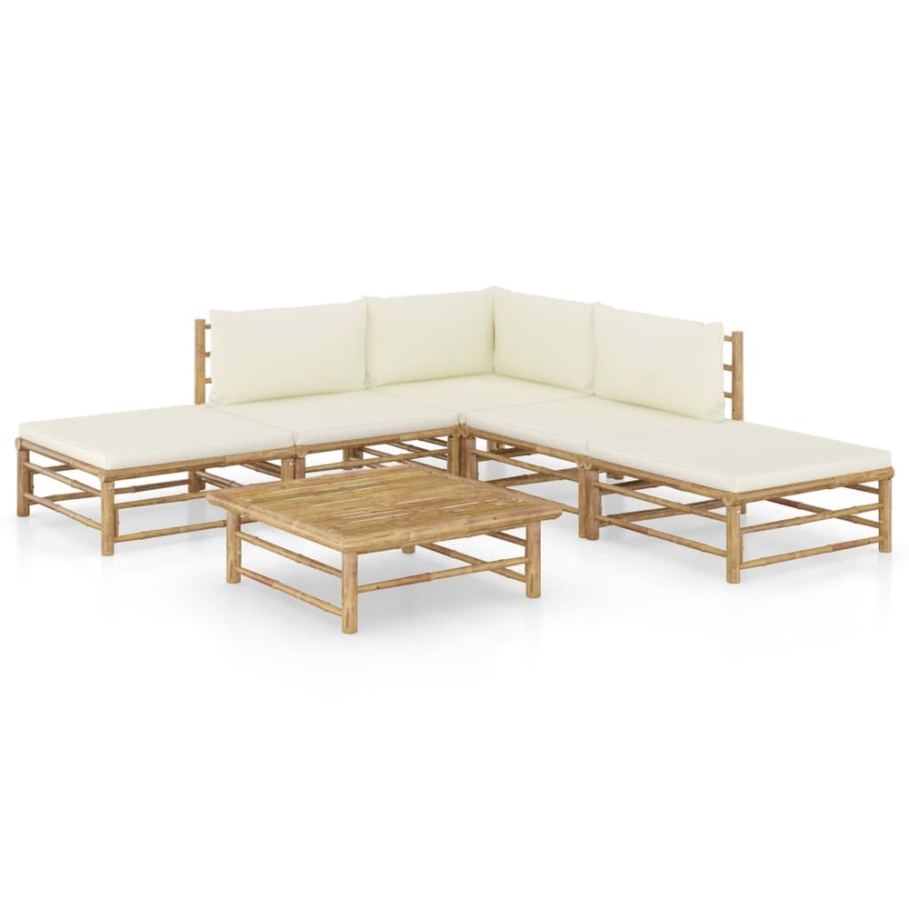 Salon de jardin meuble d'extérieur ensemble de mobilier 6 pièces avec coussins blanc crème bambou