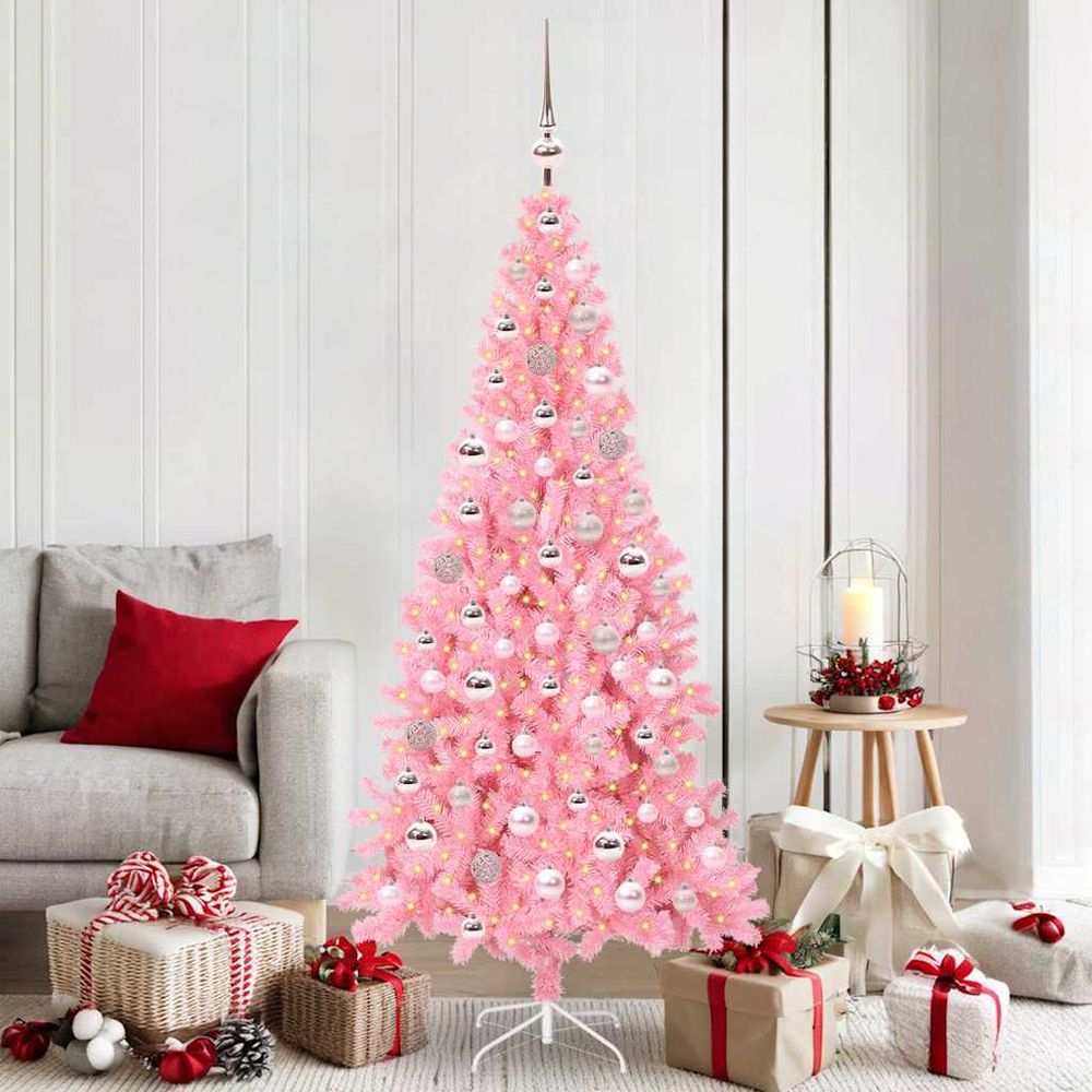 Sapin artificiel rose pop 180 cm, décoré avec guirlande led et 120 boules assorties