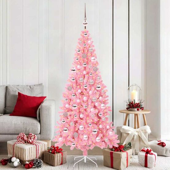 Sapin artificiel rose pop 180 cm, décoré avec guirlande led et 120 boules assorties