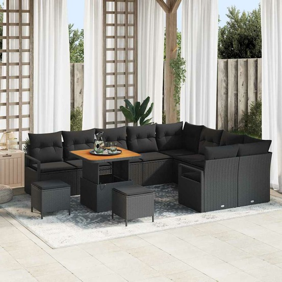 Ensemble de canapé de jardin avec coussin 12 pcs noir polyrotin
