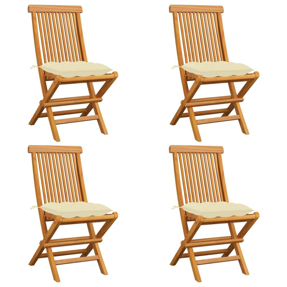 Chaises pliantes avec coussins blanc crème, 4 pièces, en bois de teck massif