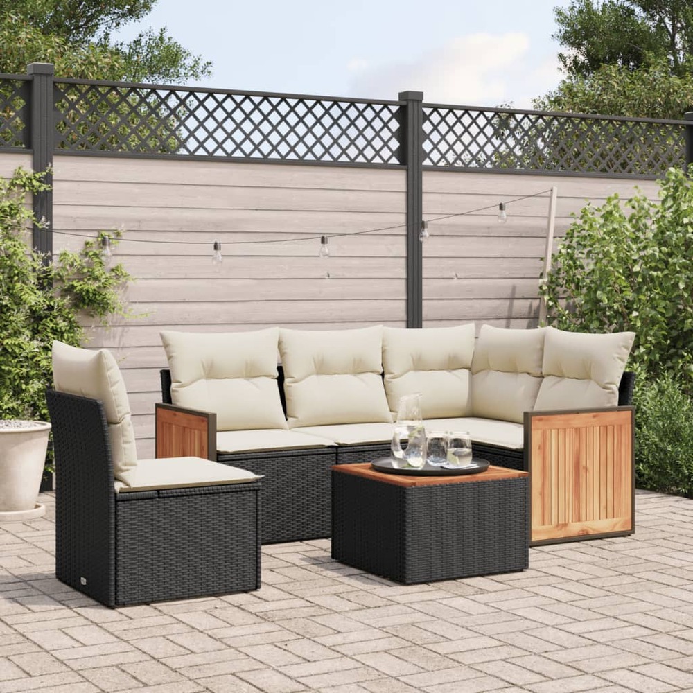 Salon de jardin 6 pcs avec coussins noir résine tressée