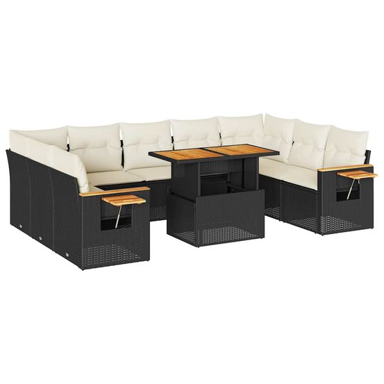 Salon de jardin 10 pcs avec coussins noir résine tressée acacia