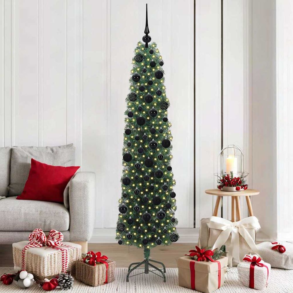 Arbre de noël artificiel 180 cm prêt à décorer, avec 300 led et kit boules complet
