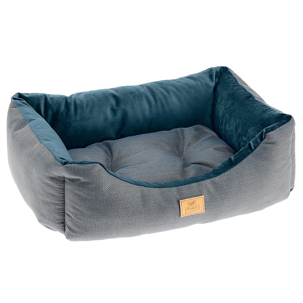 Lit chiens et chats couchage chester 60, avec coussin double-face, tweed et velours, lavable, bleu