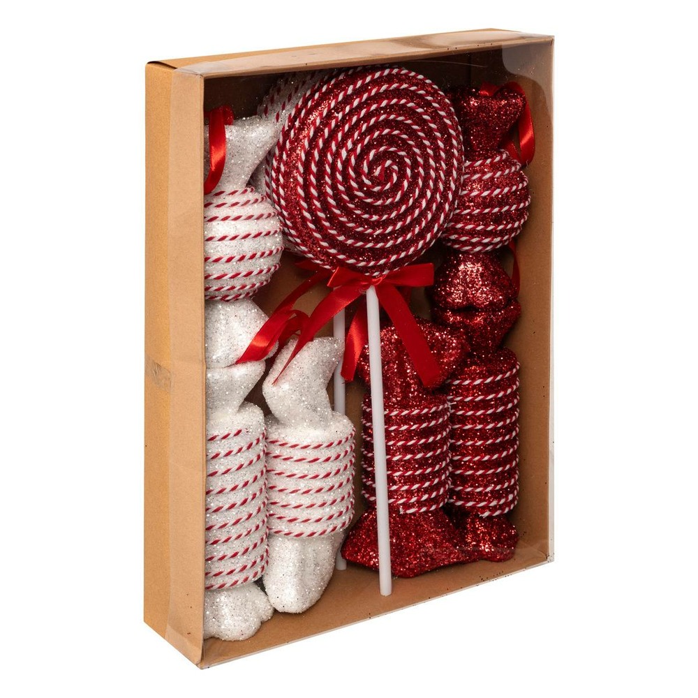 Lot de 8 sujets bonbon polystyrène h.max 40cm rouge et blanc
