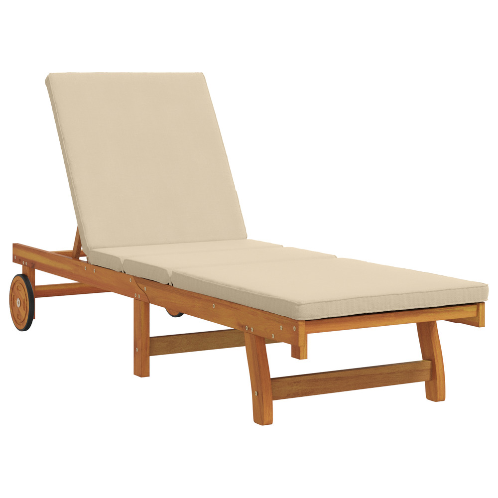 Chaise longue avec des roulettes et un coussin beige en bois massif
