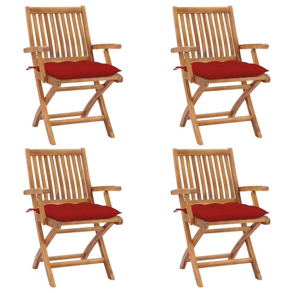 Chaises pliantes avec coussins, 4 pièces, en teck massif