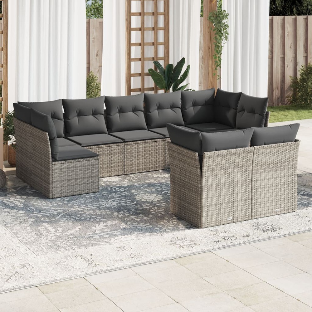 Salon de jardin 9 pcs avec coussins gris résine tressée