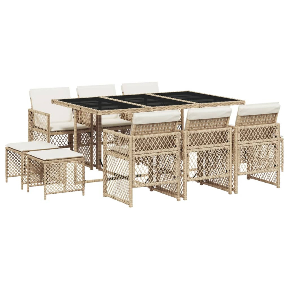Ensemble à manger de jardin et coussins 11 pcs beige poly rotin