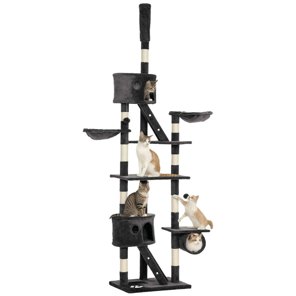 Grand arbre à chat sol-plafond xxl réglable avec niches paniers et rampes 240-260 cm gris