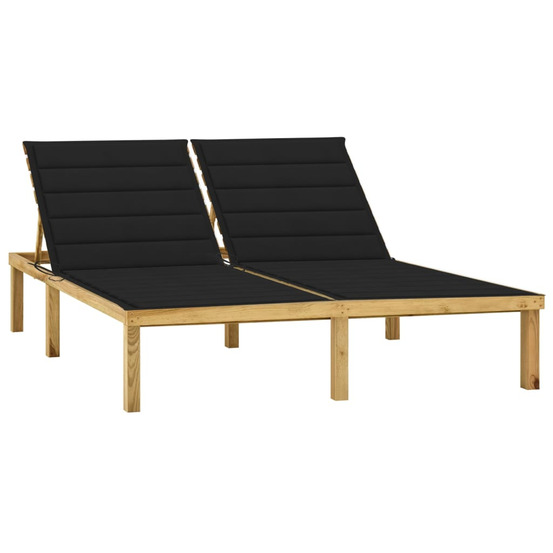 Chaise longue double et coussins noir bois de pin imprégné bain de soleil