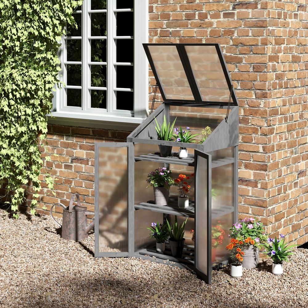 Mini serre de jardin bois sapin balcon terrasse protection plantes 3 étagères 70x50x120cm gris - comfortxl outdoor living
