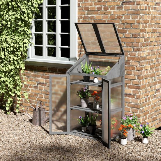 Mini serre de jardin bois sapin balcon terrasse protection plantes 3 étagères 70x50x120cm gris - comfortxl outdoor living