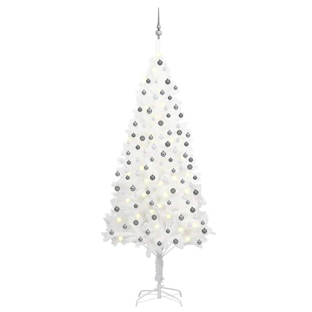 Arbre de noël artificiel pré-éclairé et boules blanc 210 cm