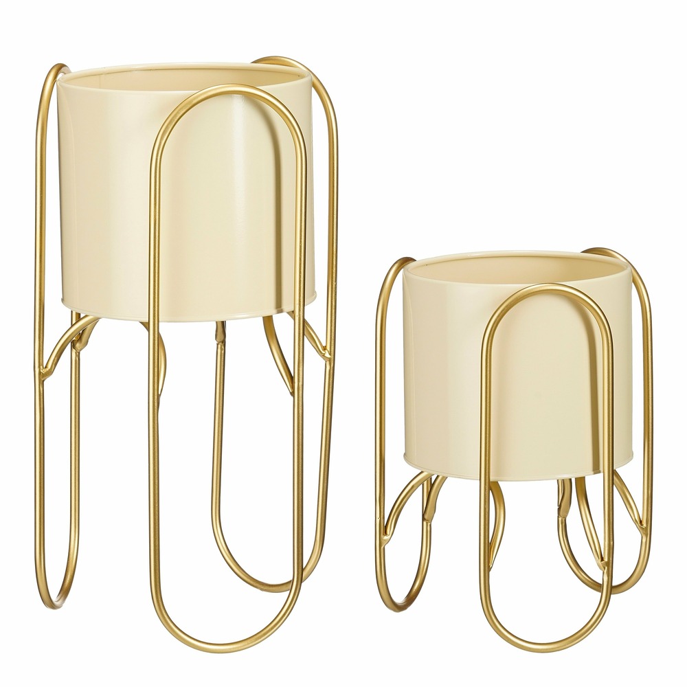 Mica decorations - lot de 2 cache-pots sur pied en métal jaune clair et doré h45