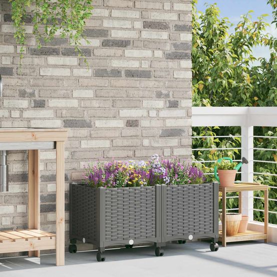 Bac à fleurs en polypropylène pour balcon avec drainage et roulettes 80cm gris clair