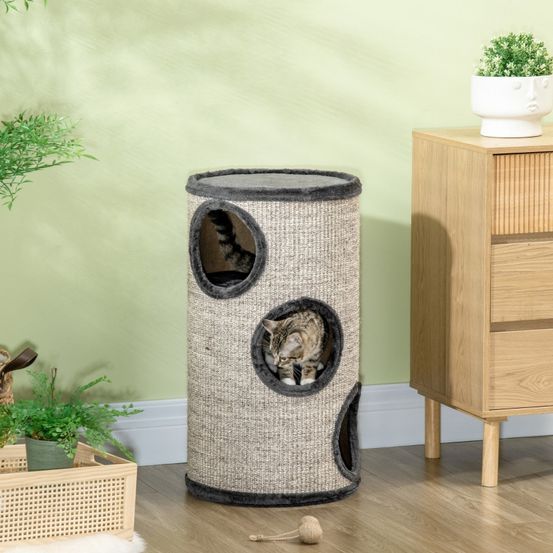 Tour à griffer chat sisal peluche design 3 niveaux cachette 38x70cm gris - comfortxl pet living
