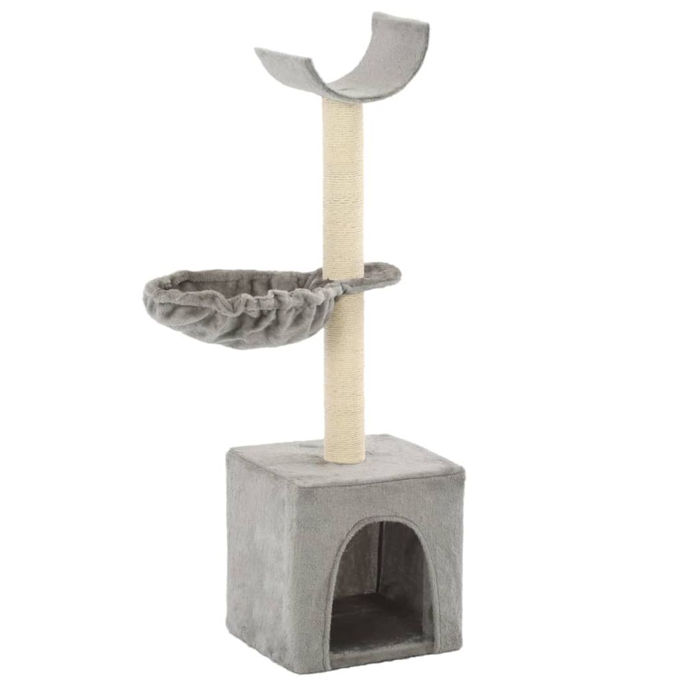 Arbre à chat 105 cm en sisal et peluche avec niche et panier pour intérieur gris