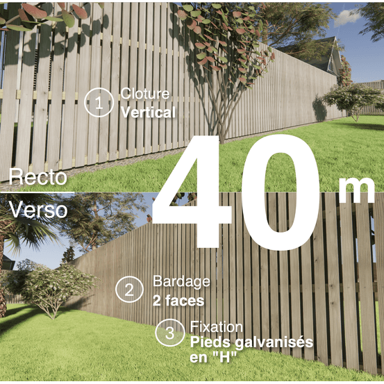 Kit clôture bois moderne 40m – h 1,9m – 20 x 70 mm autoclave gris – pose vertical – double face – support galva