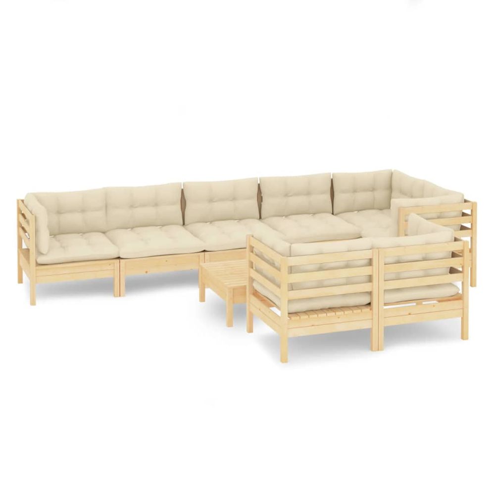 Salon de jardin 9 pcs avec coussins crème bois de pin massif