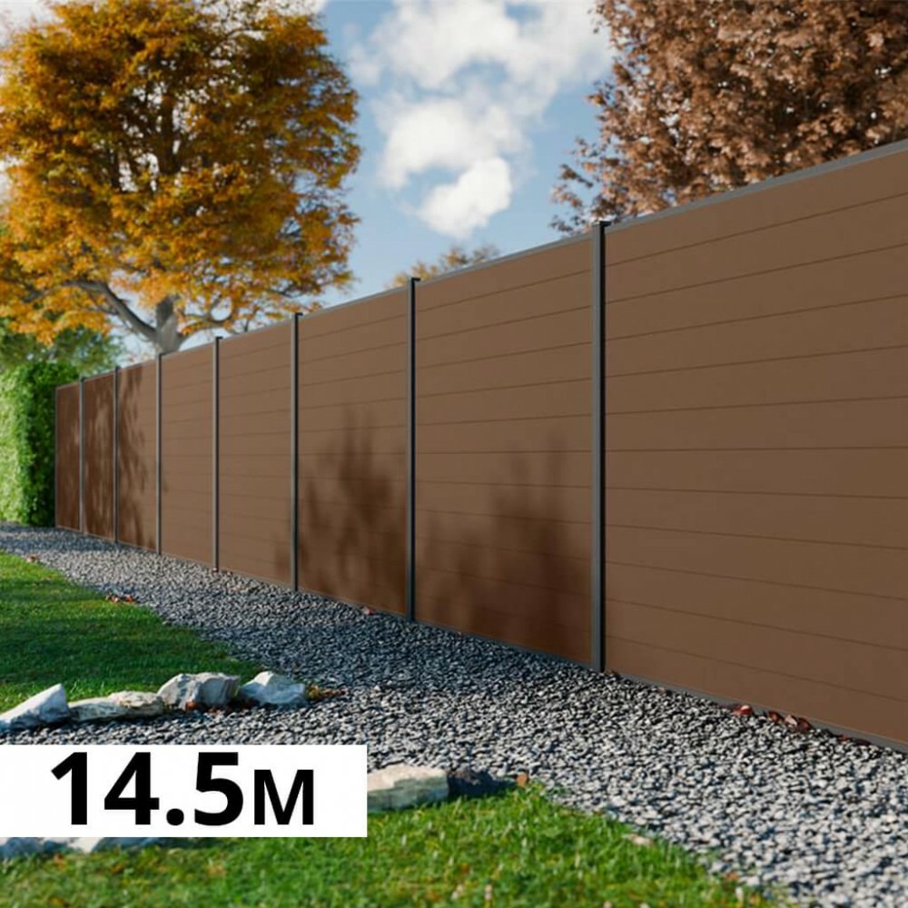Kit clôture bois composite bronze 14,5x1,8m rio - poteaux en aluminium gris - brise vue - palissade
