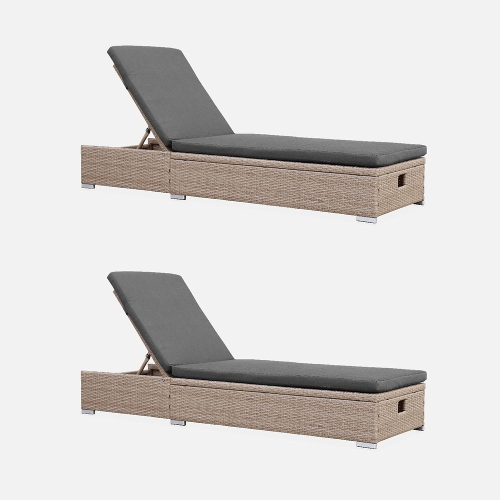 Lot de 2 bains de soleil résine tressée, coussins polyester, multi positions