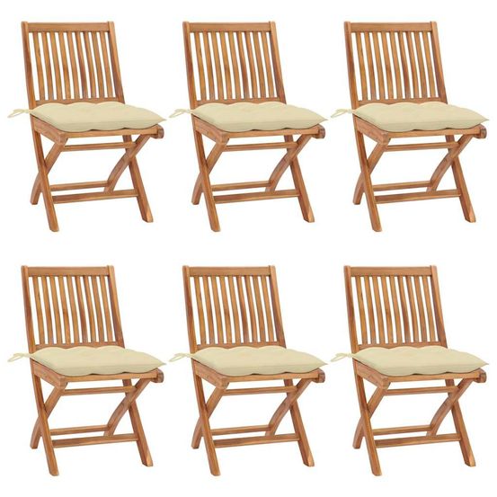 Chaises pliantes avec coussins, 6 pièces, en teck massif
