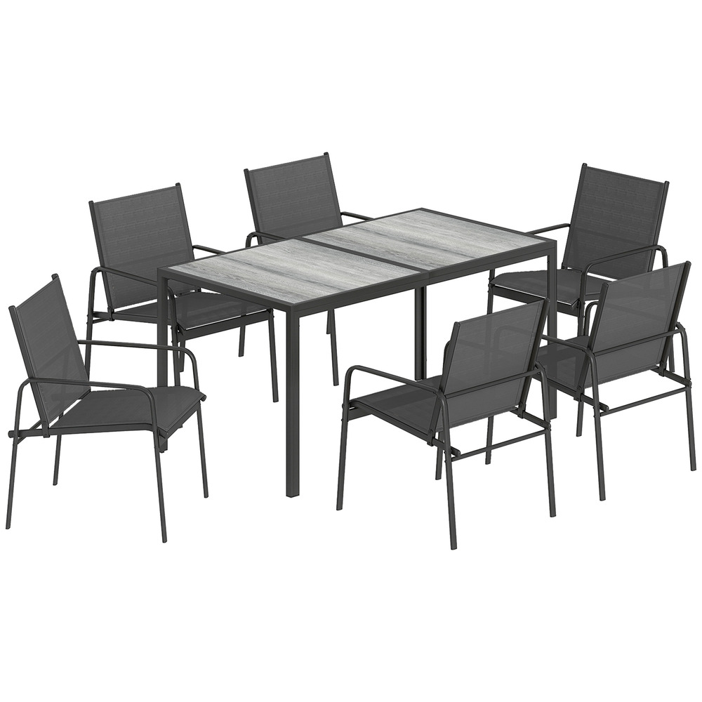 Salon de jardin : table 150x80 cm aspect bois + 6 chaises respirantes, cadre acier, noir