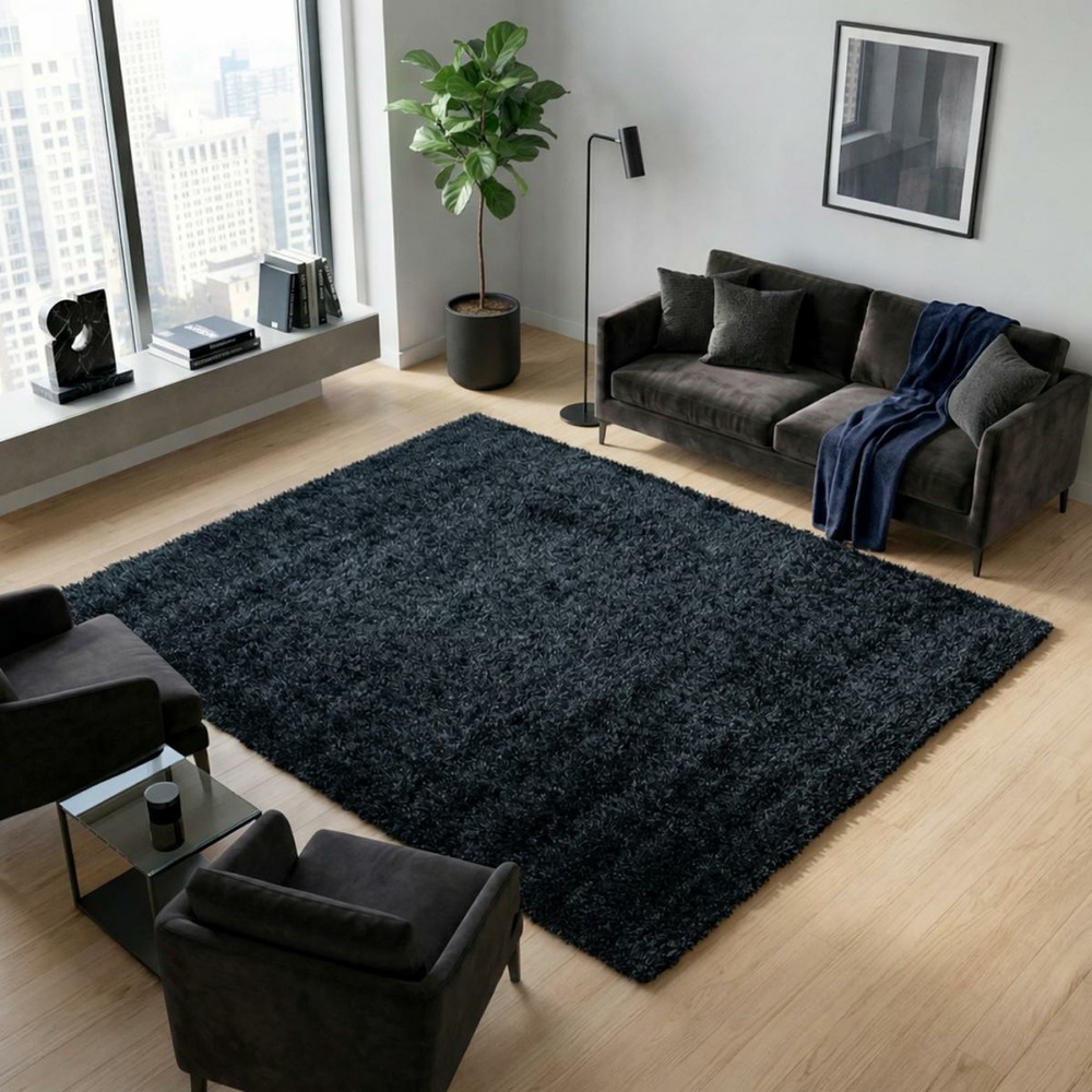 Tapis longs poils shaggy 160x230 rectangle tissé noir motif uni uni a