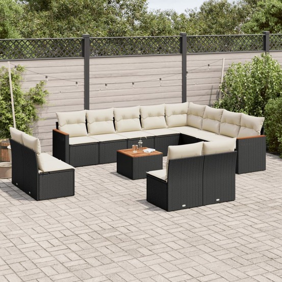 Salon de jardin avec coussins 13 pcs noir résine tressée