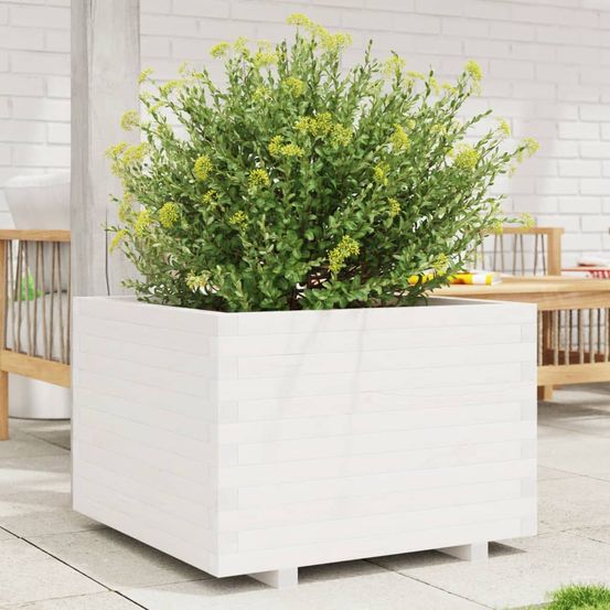 Jardinière carrée bois massif pour jardin terrasse balcon blanc 70x70cm