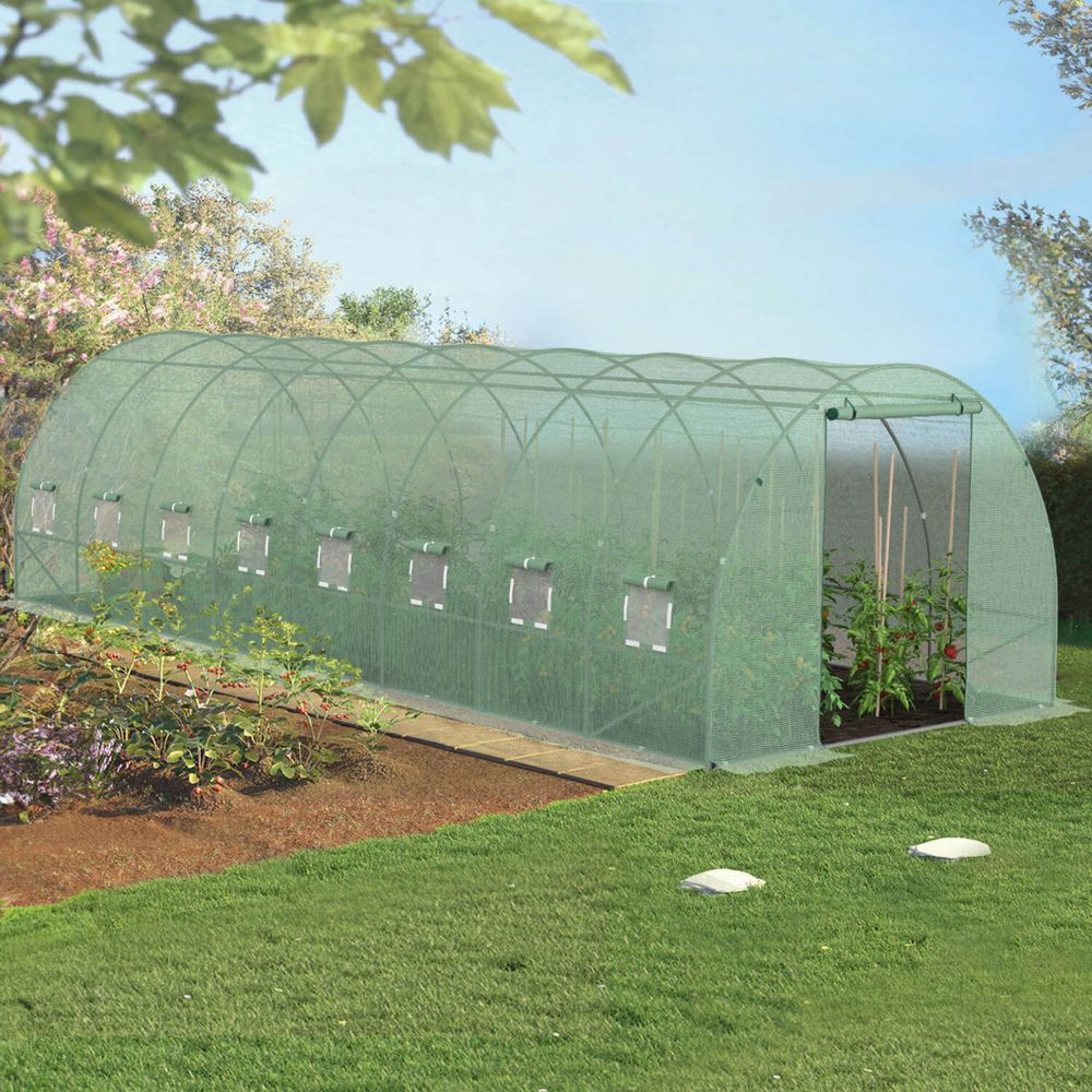 Serre de jardin tunnel 24m² 8 x 3 x 2 m acier galvanisé + bâche anti-uv avec porte et fenêtres des andes verte
