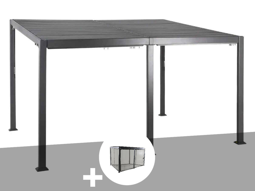 Pergola bioclimatique avila 4 x 3 m graphite en aluminium + 6 moustiquaires