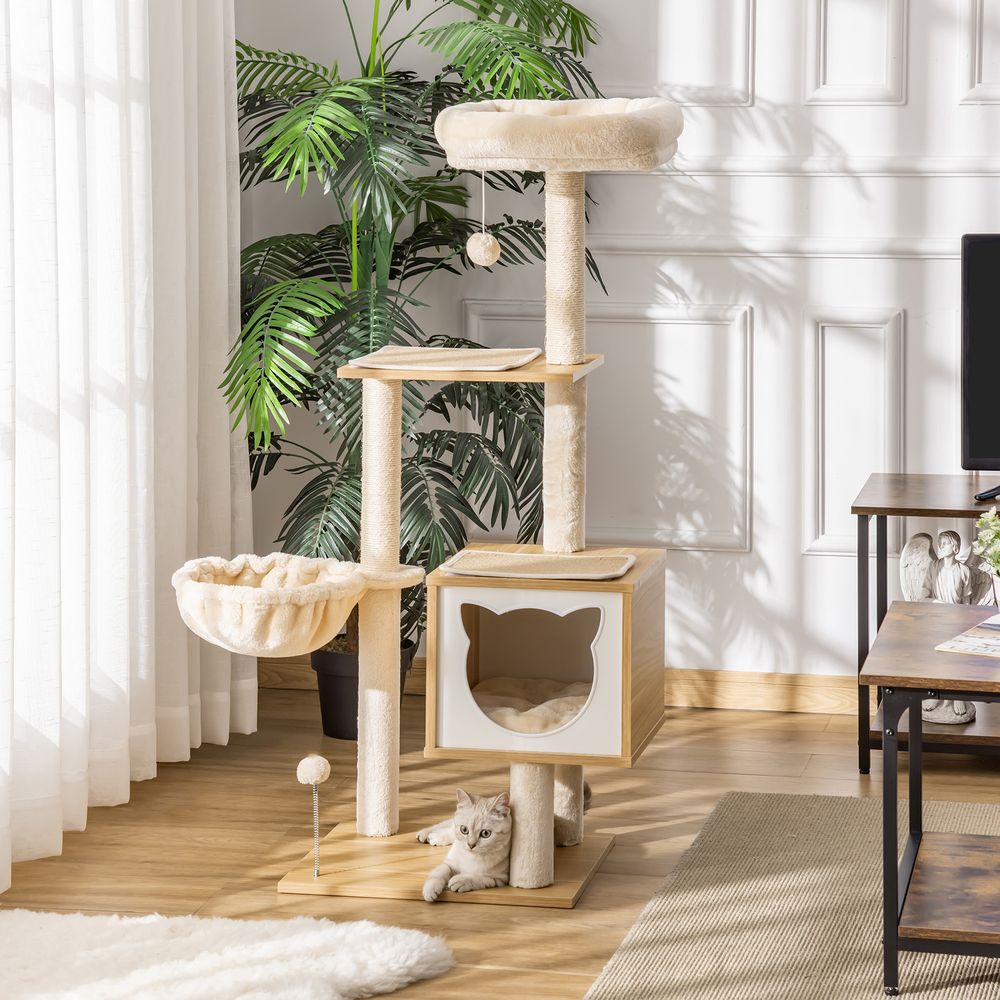 Chat arbre griffoirs multi-équipements niche hamac panier coussins amovibles 126cm peluche courte sisal beige