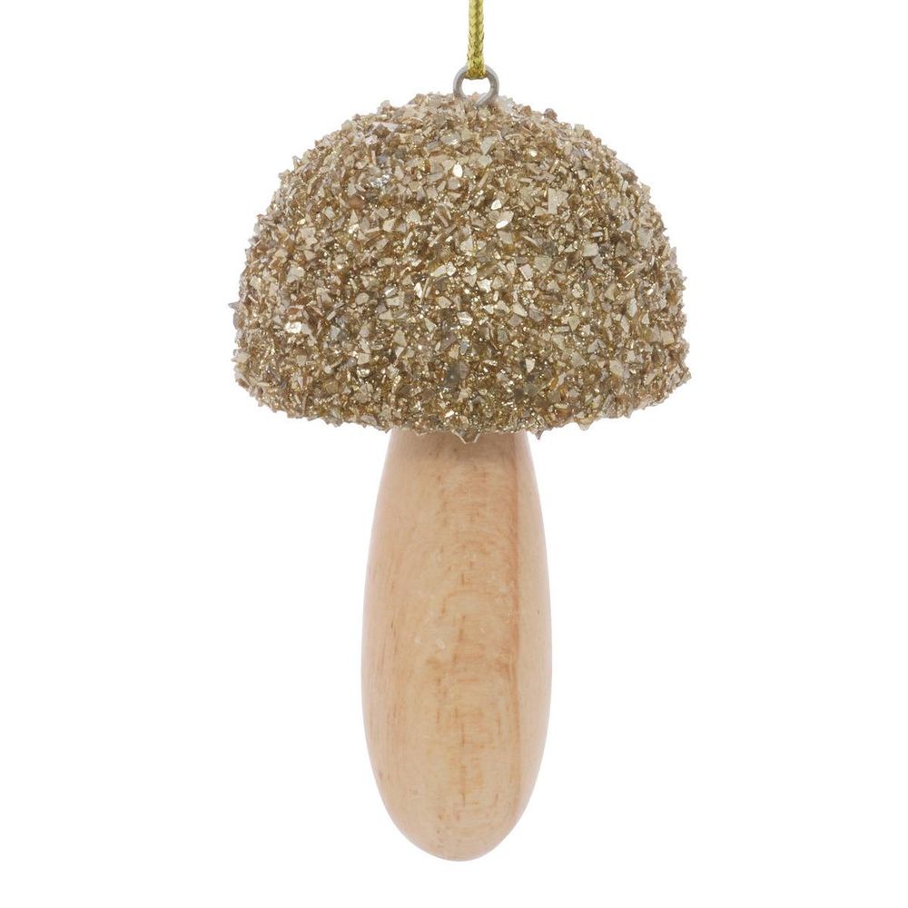 Suspension de sapin champignon en bois pailleté doré 9 cm