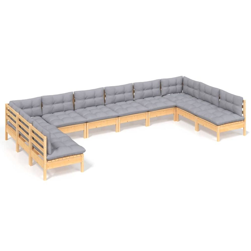 Salon de jardin 10 pcs avec coussins gris bois de pin massif