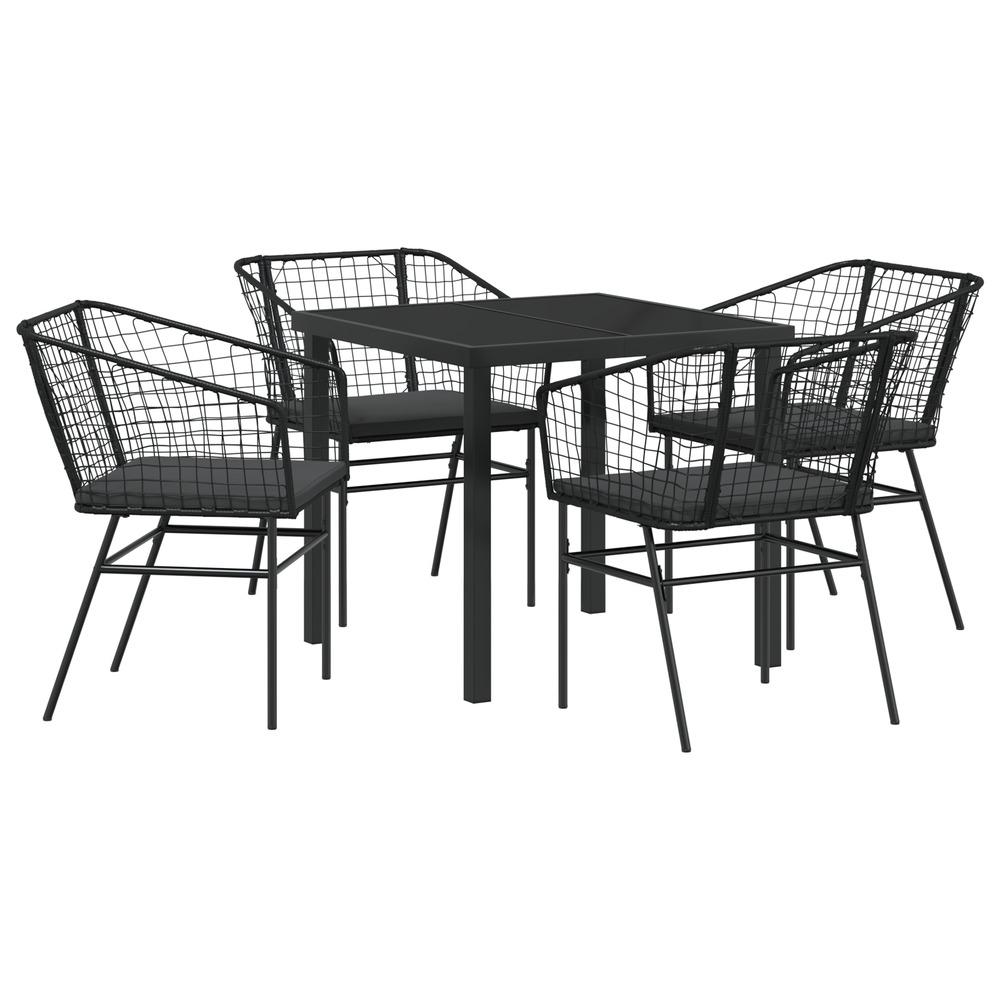 Set de salle à manger de jardin 5 pièces avec coussins en poly rotin noir