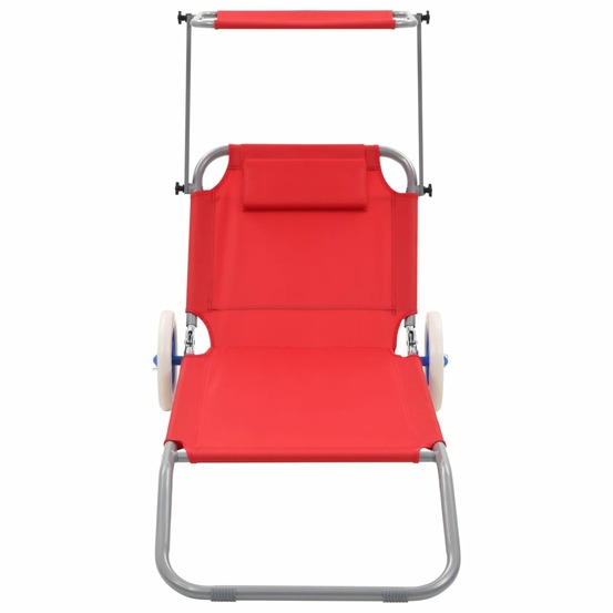 Chaise longue pliable avec auvent et roues acier rouge