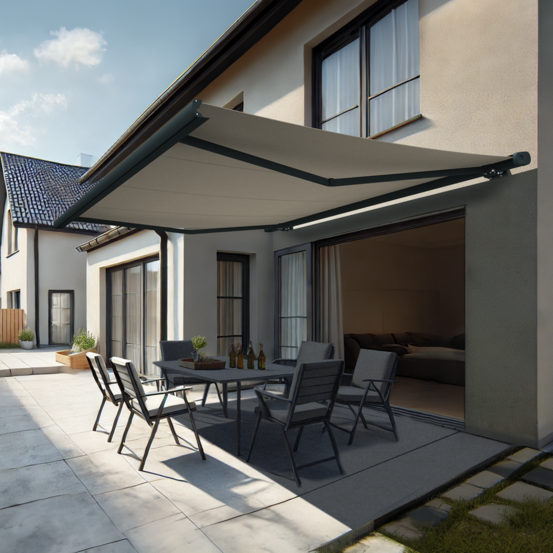 Store banne coffre yukon (motorisé à télécommande + manœuvre de secours - écru - gris anthracite - 4,80 x 3,00m)