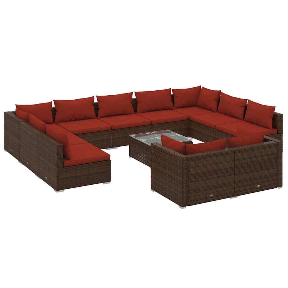 Salon de jardin 12 pcs avec coussins marron résine tressée