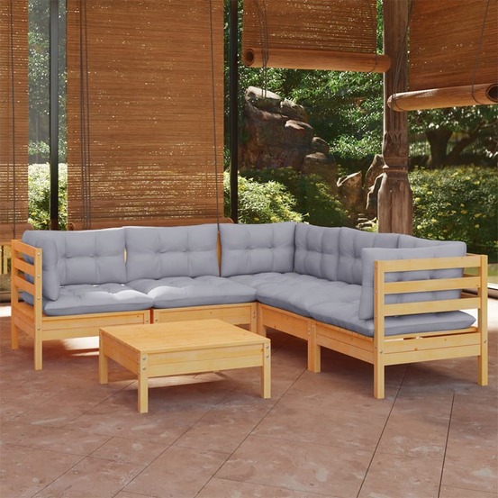Salon de jardin 6 pcs avec coussins gris bois de pin massif