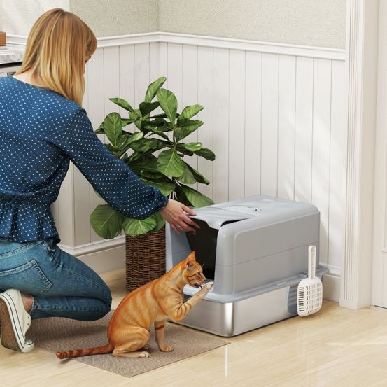 Maison de toilette chat bac acier inox durable anti-odeur avec pelle 60cm