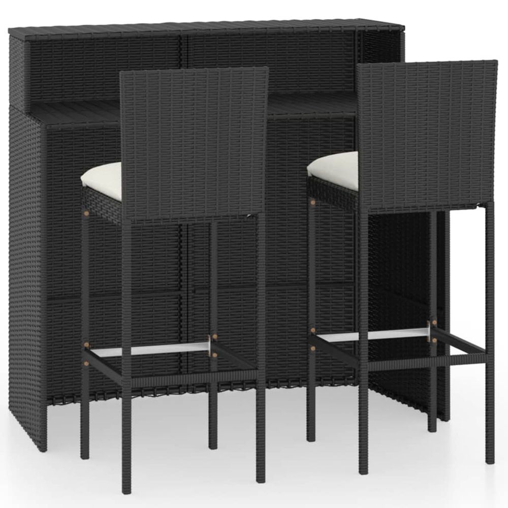 Ensemble de bar de jardin avec coussins 3 pcs noir