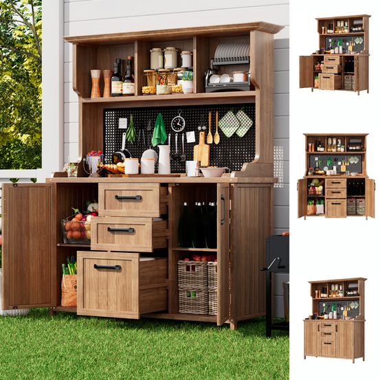 Armoire de jardin en bois massif de sapin, 3 tiroirs, étagères réglables pour terrasse et balcon