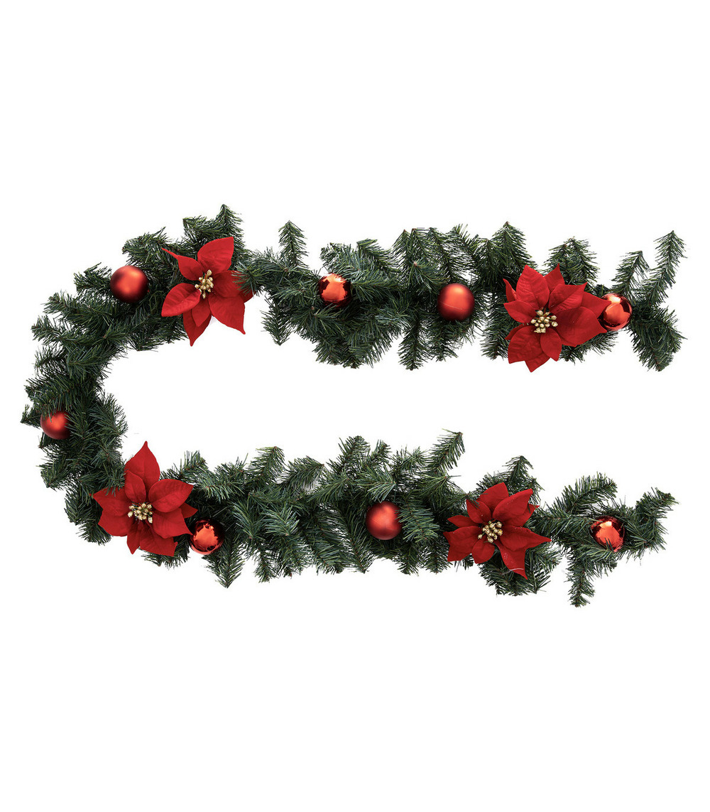 Guirlande artificielle sapin avec déco boules rouge et poinsettia rouge l 200 cm