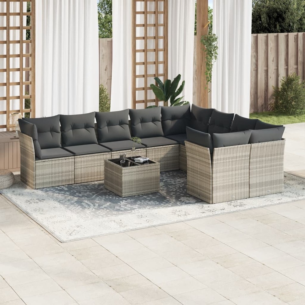 Salon de jardin avec coussins 10 pcs gris clair résine tressée