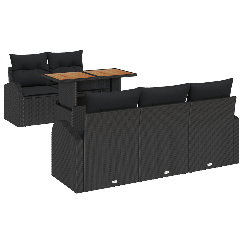 Ensemble de salle à manger de jardin 6 pièces avec coussins noir poly rattan acacia