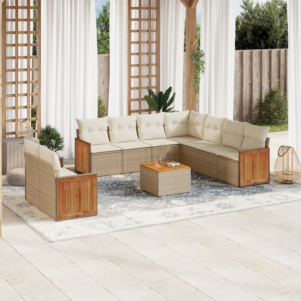 Salon de jardin avec coussins 10 pcs beige résine tressée