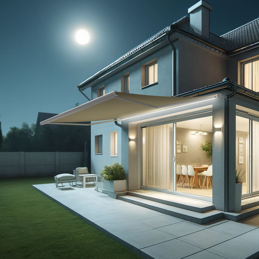 Store banne coffre intégral hevoa 5,00x3,50 m (motorisé secours à télécommande + led - blanc satiné ral9010 - écru)